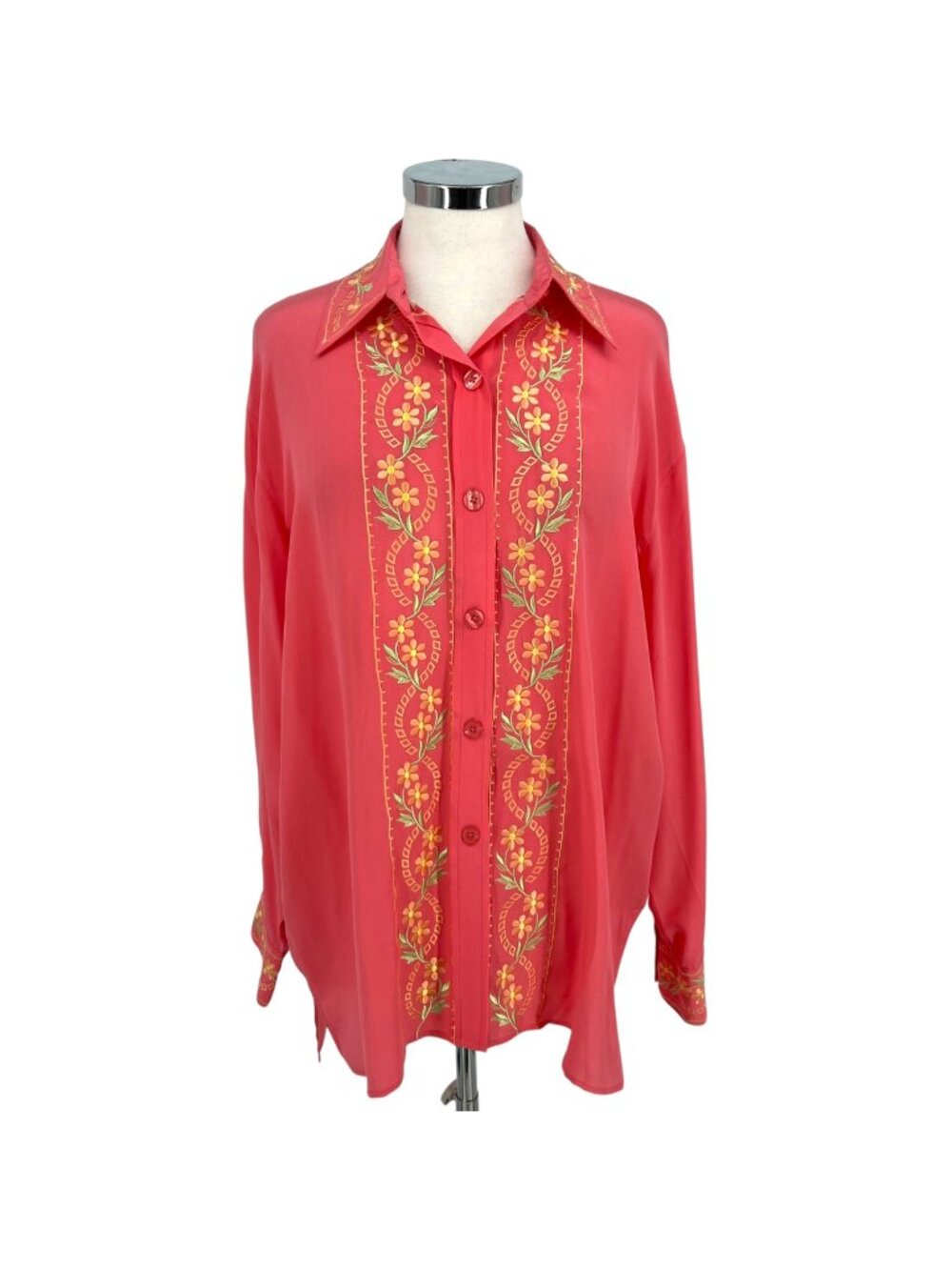 Diane Von Furstenberg Vintage Floral Embroidered Silk Button-Up Blouse Large